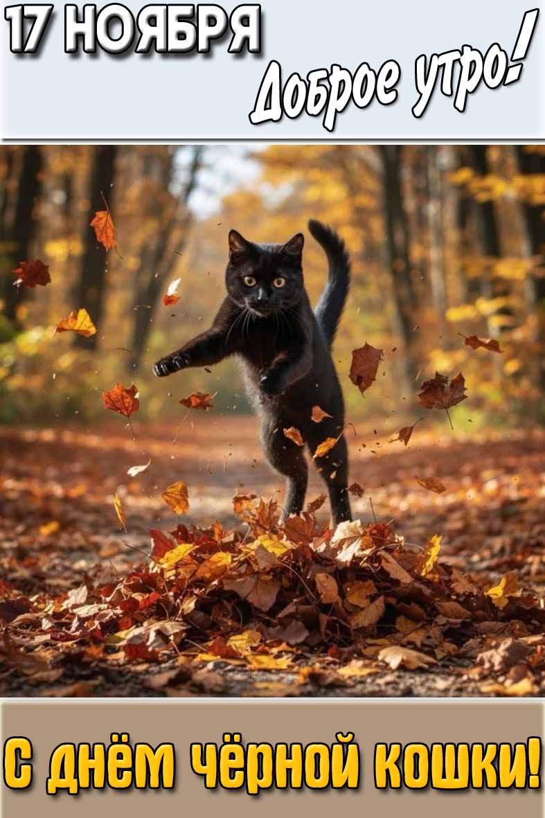 Открытка "17 ноября доброе утро! С днём чёрной кошки!"