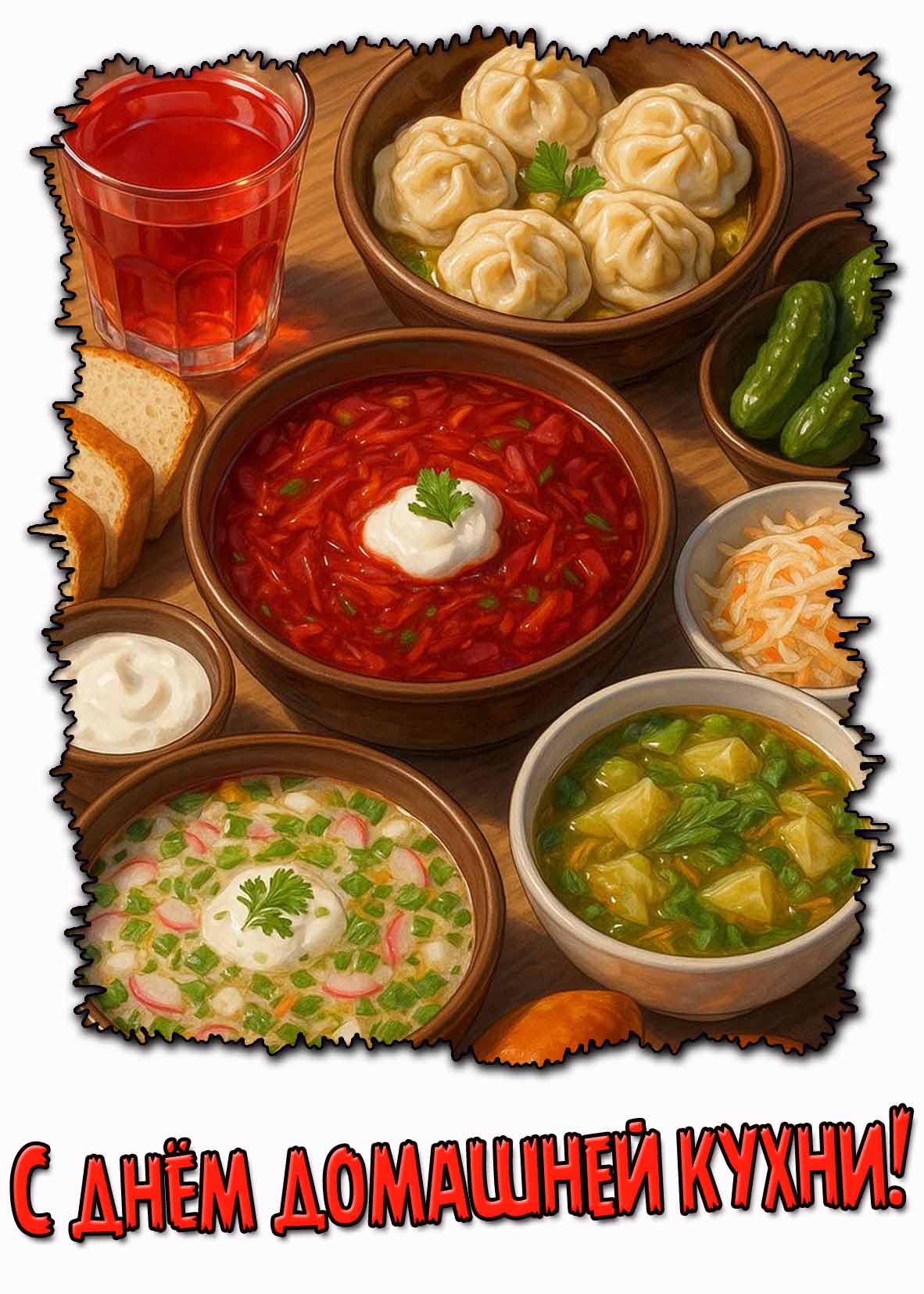 Красивая и аппетитная открытка с борщом, солёными огурчиками, квашеной капустой, мантами, компотом и надписью : С днём домашней кухни! С днём домашней кухни! - открытка