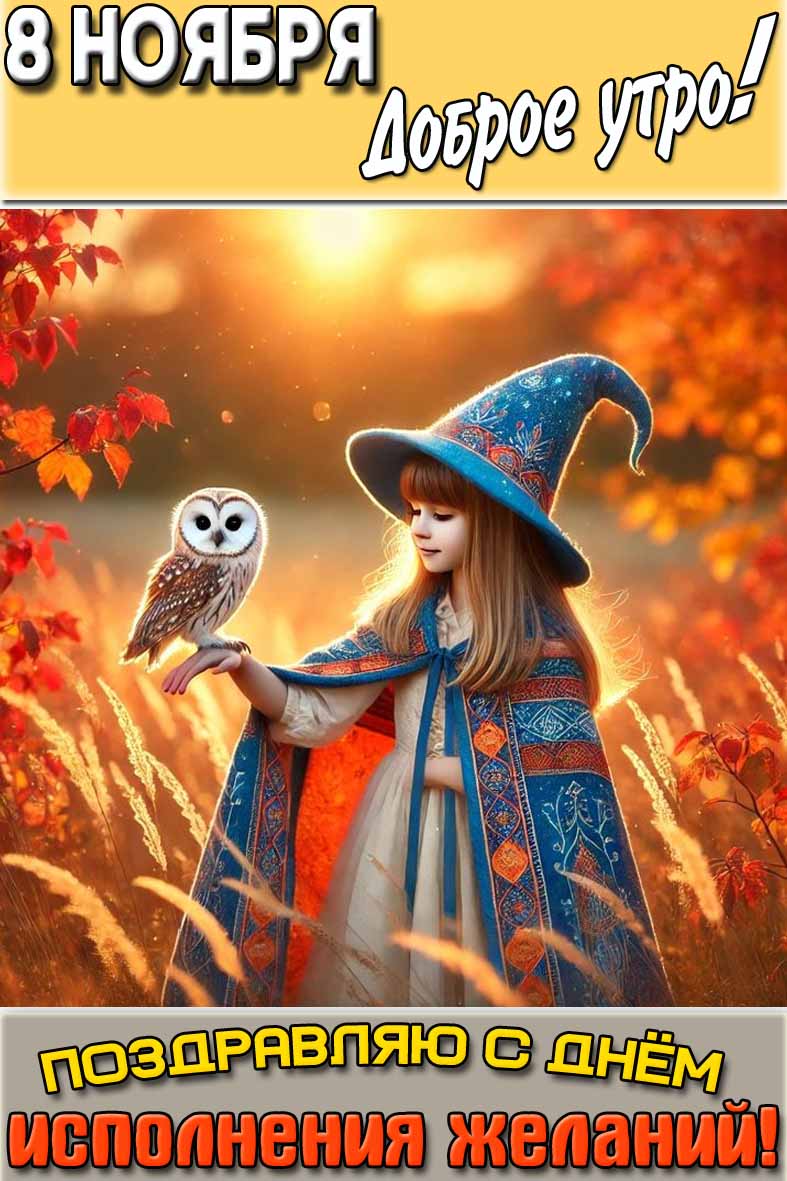 Открытка "8 ноября доброе утро! Поздравляю с днём исполнения желаний!"