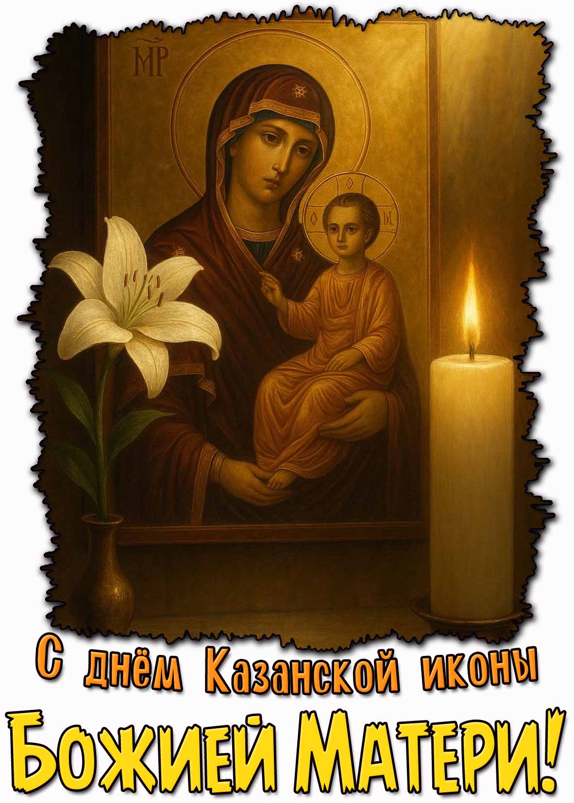 Открытка для православных верующих со свечой и белой лилией на фоне иконы для поздравления : С днём Казанской иконы Божией Матери! С днём Казанской иконы Божией Матери! - открытка со свечой