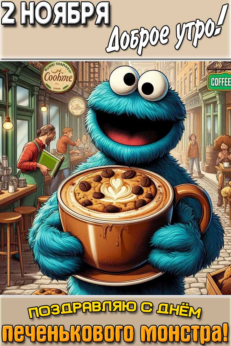 Открытка "2 ноября доброе утро! Поздравляю с днём печенькового монстра!