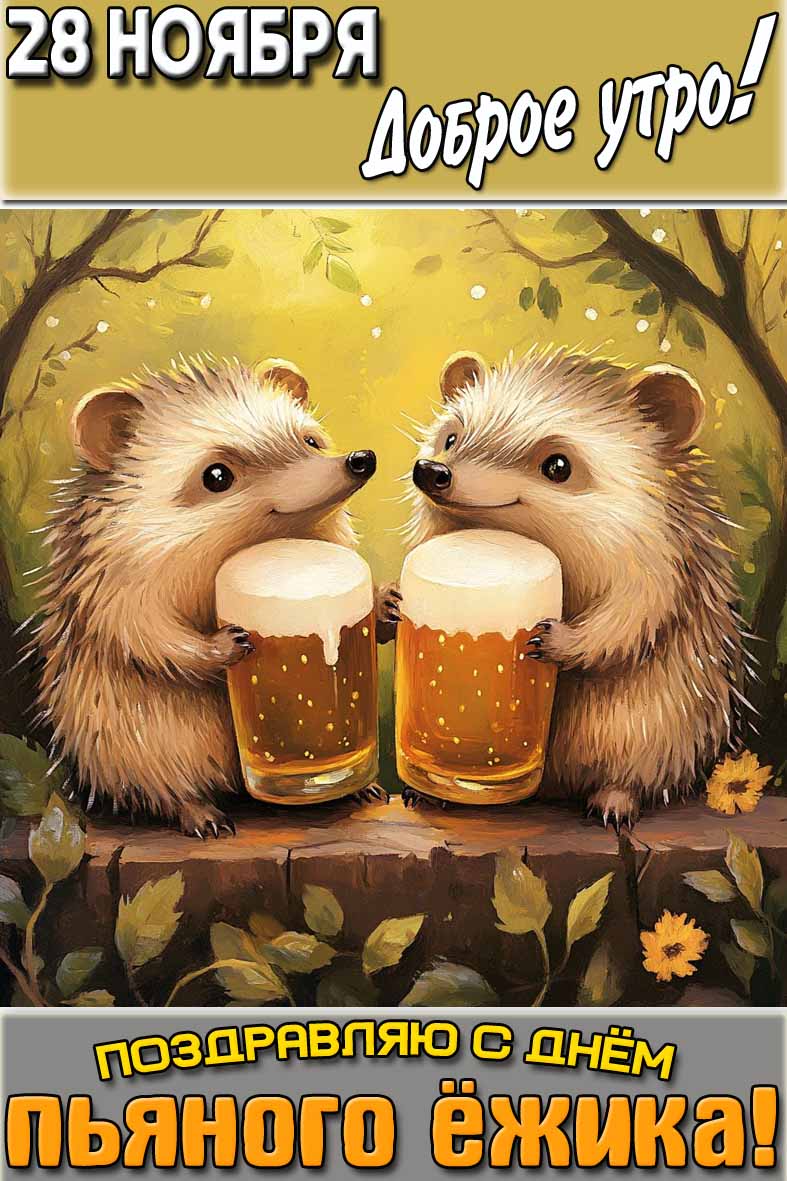 Открытка "28 ноября доброе утро! Поздравляю с днём пьяного ёжика!"