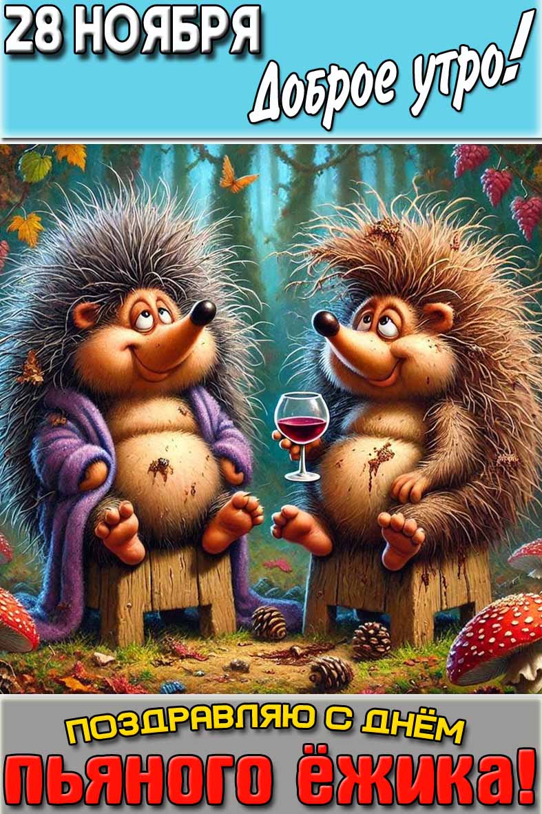Картинка "28 ноября доброе утро! Поздравляю с днём пьяного ёжика!"