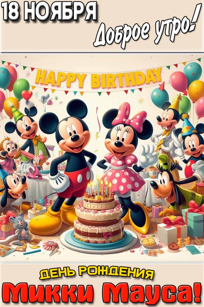 Открытка "18 ноября доброе утро! День рождения Микки Мауса!"