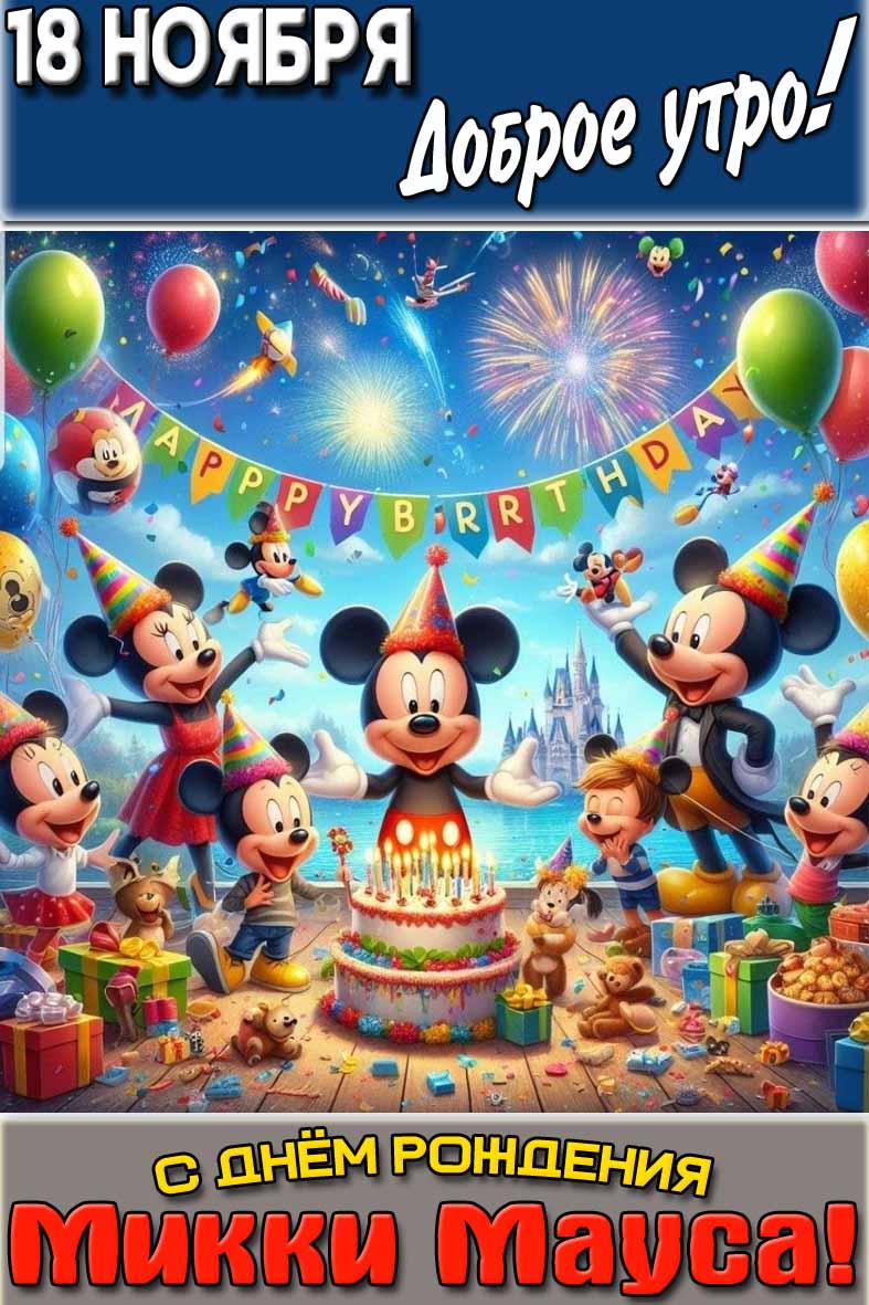 Картинка "18 ноября доброе утро! С днём рождения Микки Мауса!"