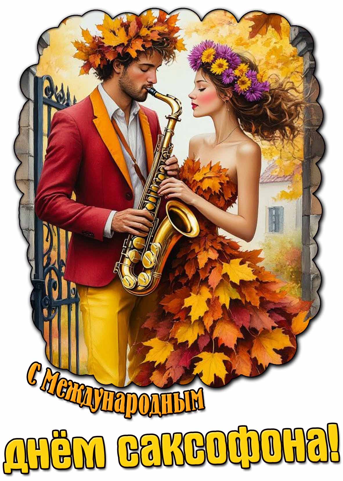 С Международным днём саксофона! - красивая осенняя открытка