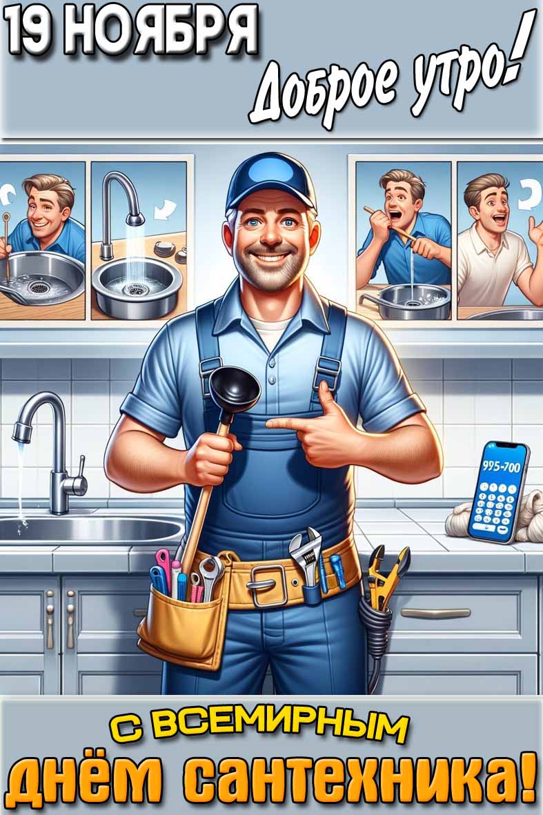 Открытка "19 ноября доброе утро! С Всемирным днём сантехника!"