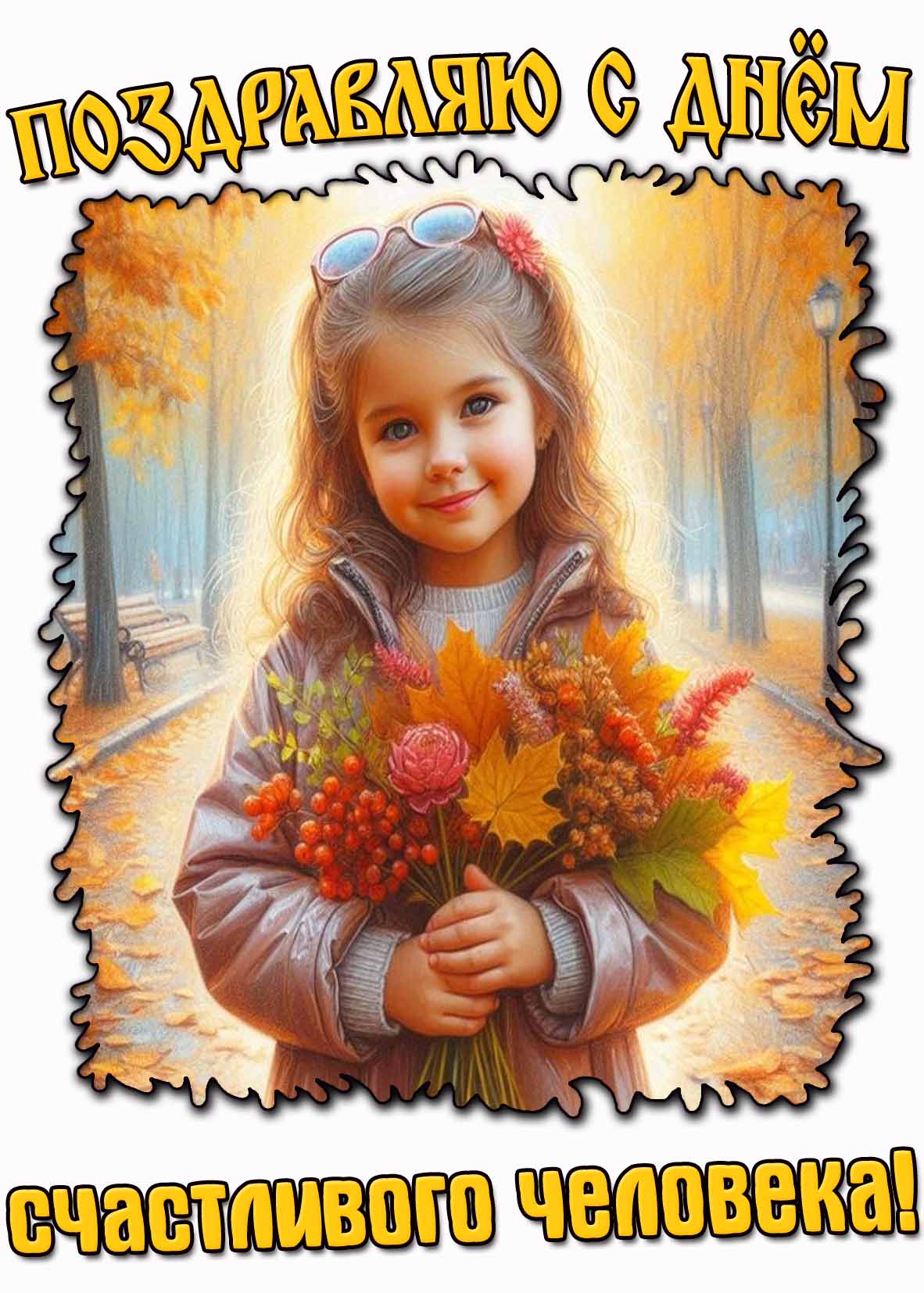 Поздравляю с днём счастливого человека! - осенняя открытка для детей