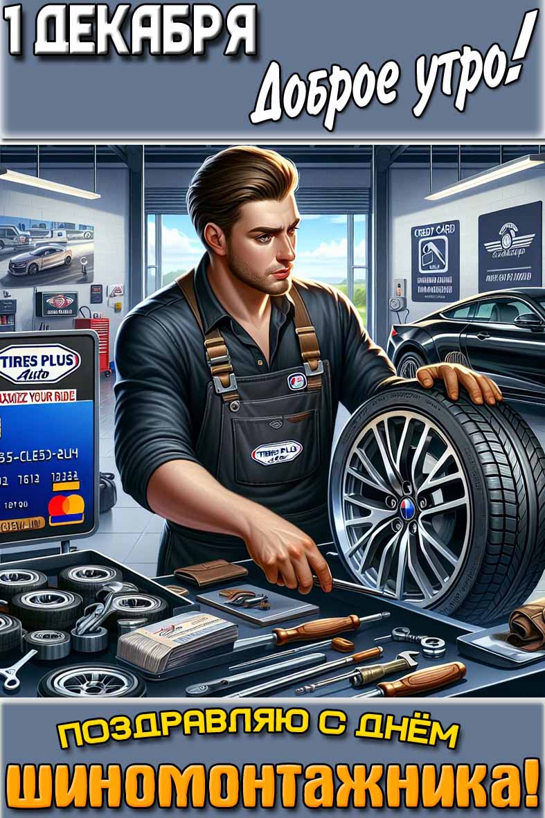 Открытка "1 декабря доброе утро! Поздравляю с днём шиномонтажника!"