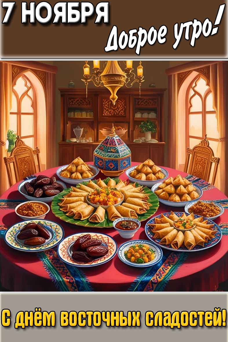 Открытка "7 ноября доброе утро! С днём восточных сладостей!"