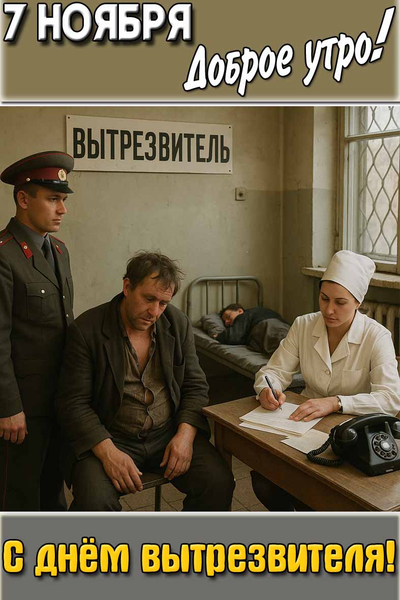 Открытка "7 ноября доброе утро! С днём вытрезвителя!"