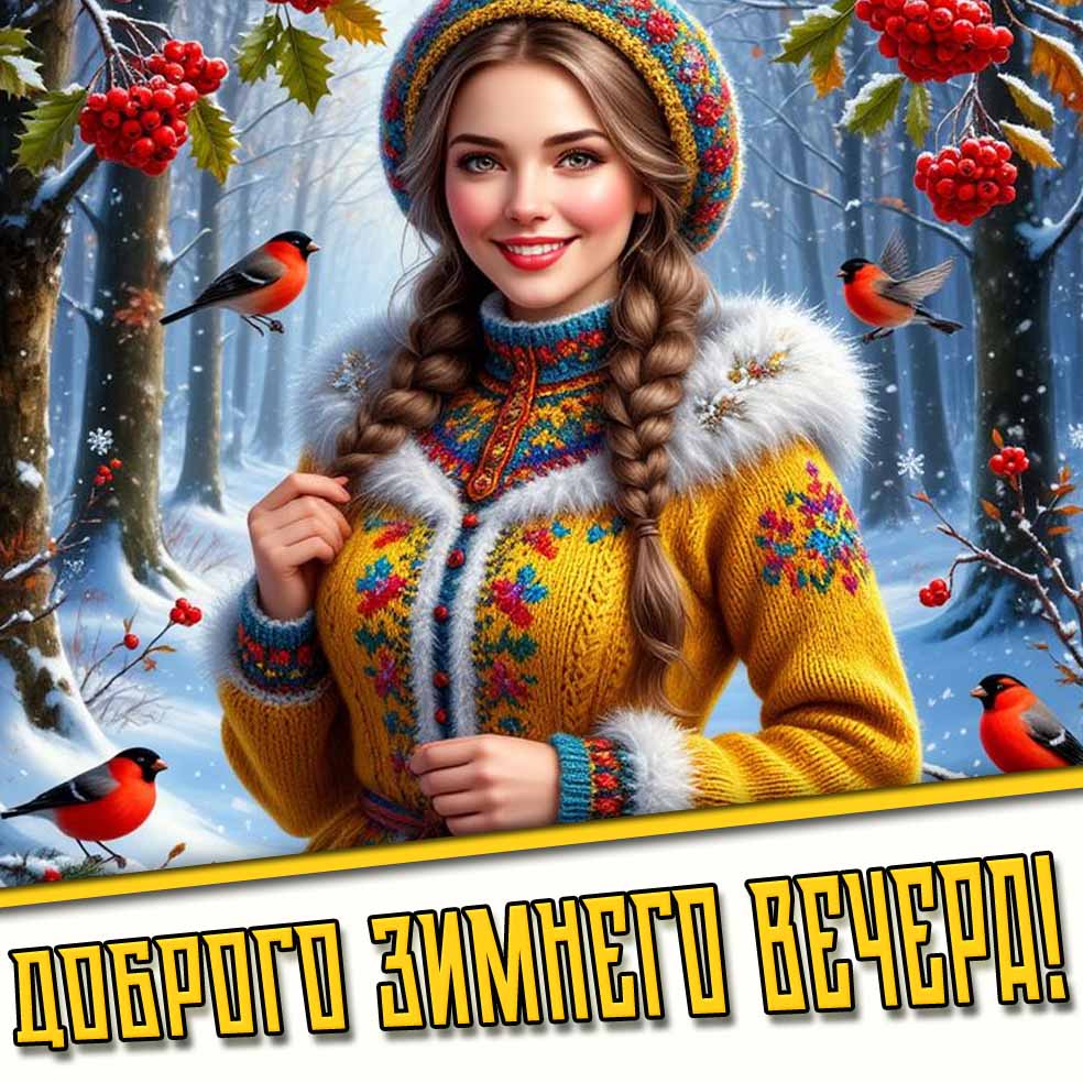 Доброго зимнего вечера! - открытка с девушкой
