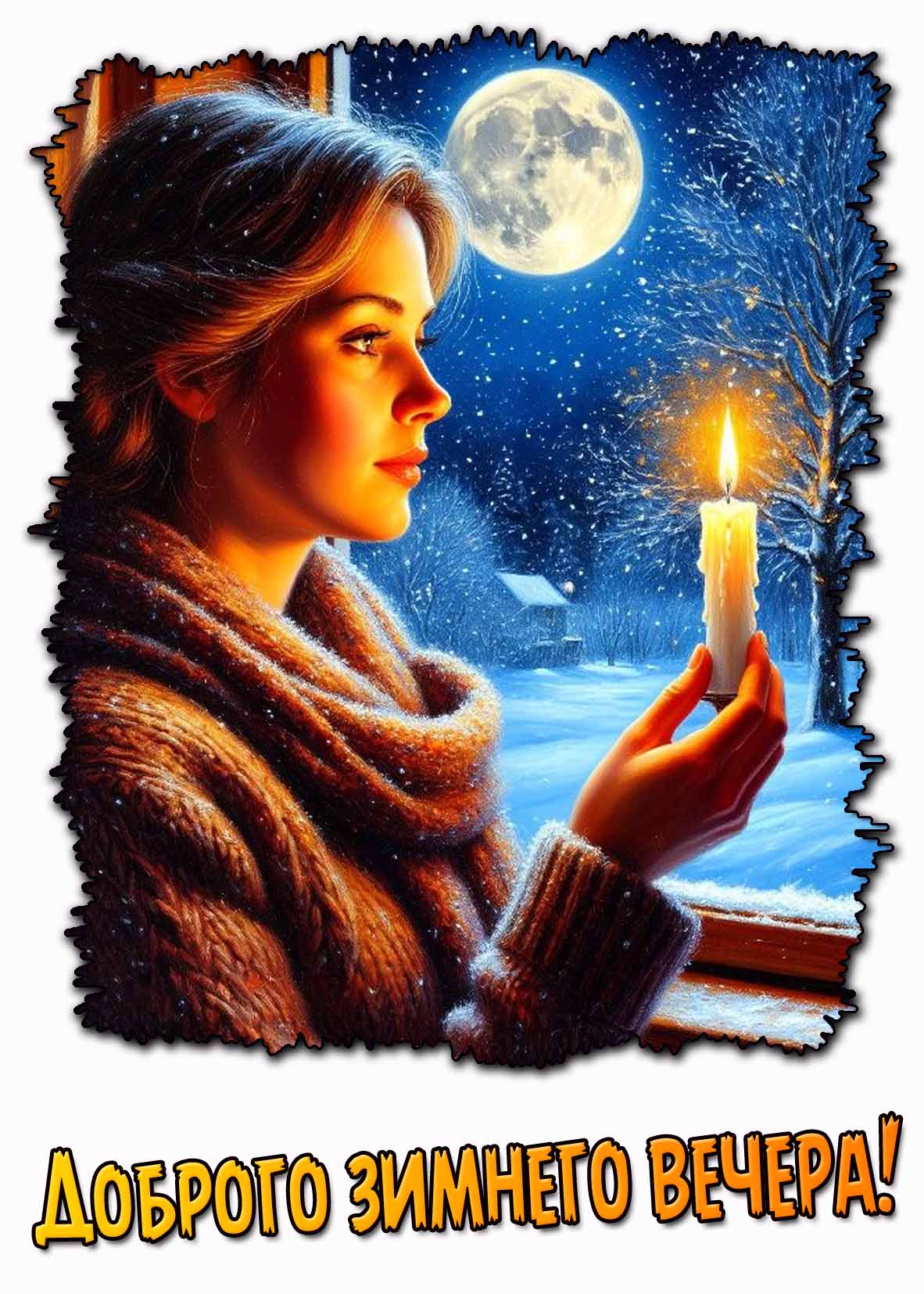 Картинка доброго зимнего вечера с девушкой со свечой