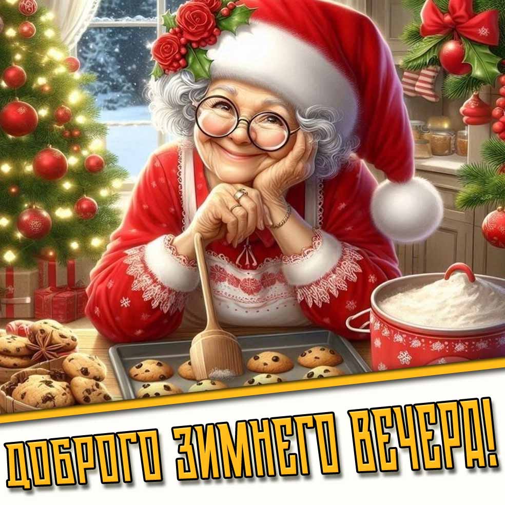 Доброго зимнего вечера! - прикольная новогодняя открытка с бабушкой