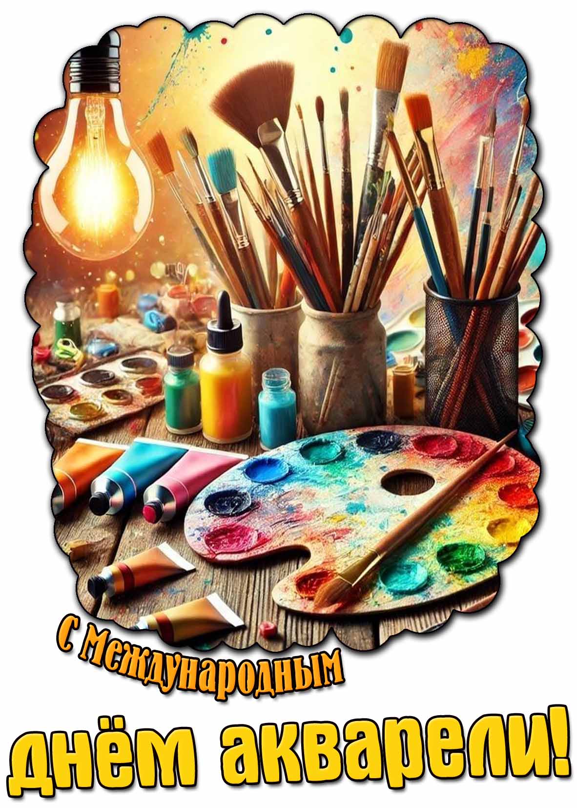 Красивая открытка с разноцветными красками для поздравления с Международным днём акварели! Красивая открытка с Международным днём акварели