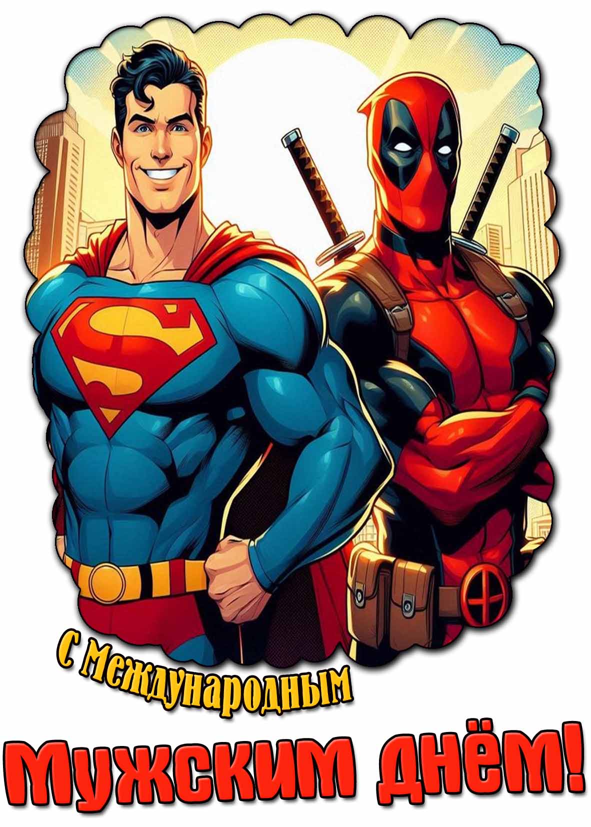 Прикольная картинка с мультяшными Суперменом и Дедпулом для поздравления : С Международным мужским днём!