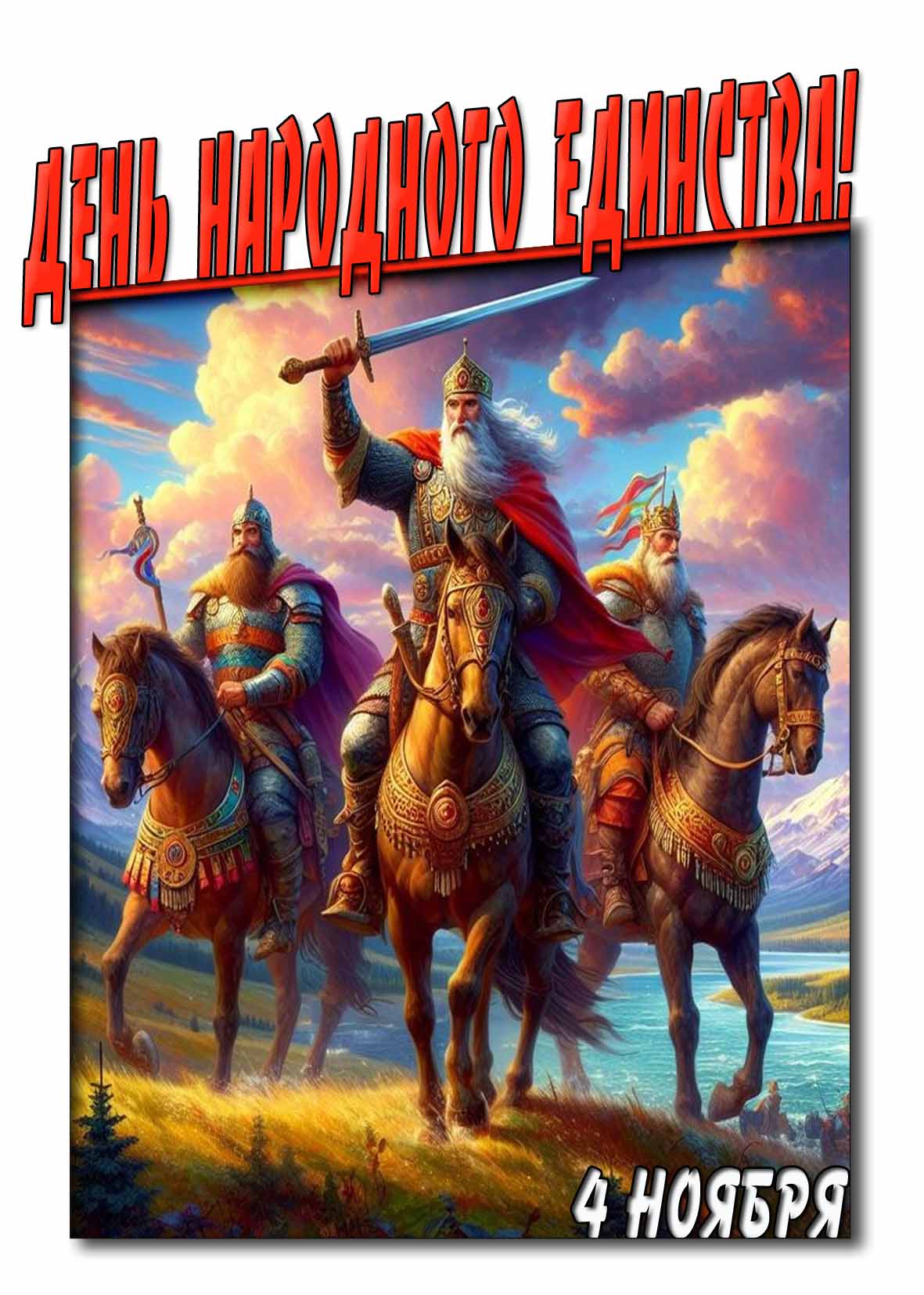 Красивая в славянском стиле картинка с русскими богатырями на праздник 4 ноября - День народного единства! С праздником, Россияне! Картинка на день народного единства - 4 ноября