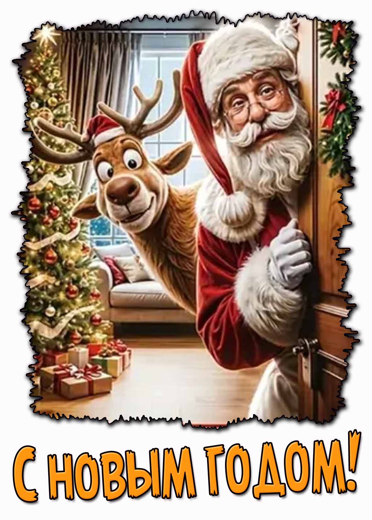 С Новым годом! - смешная открытка с Сантой и оленем