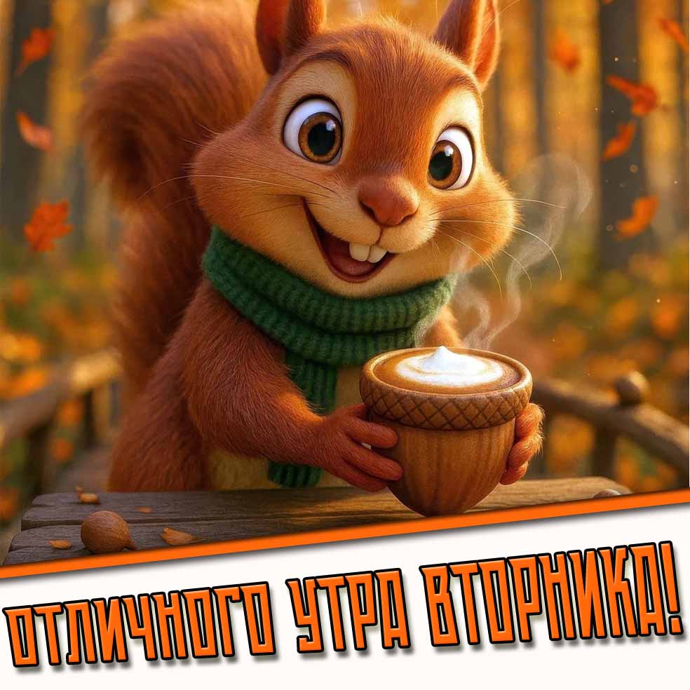 Отличного утра вторника! - открытка с белкой