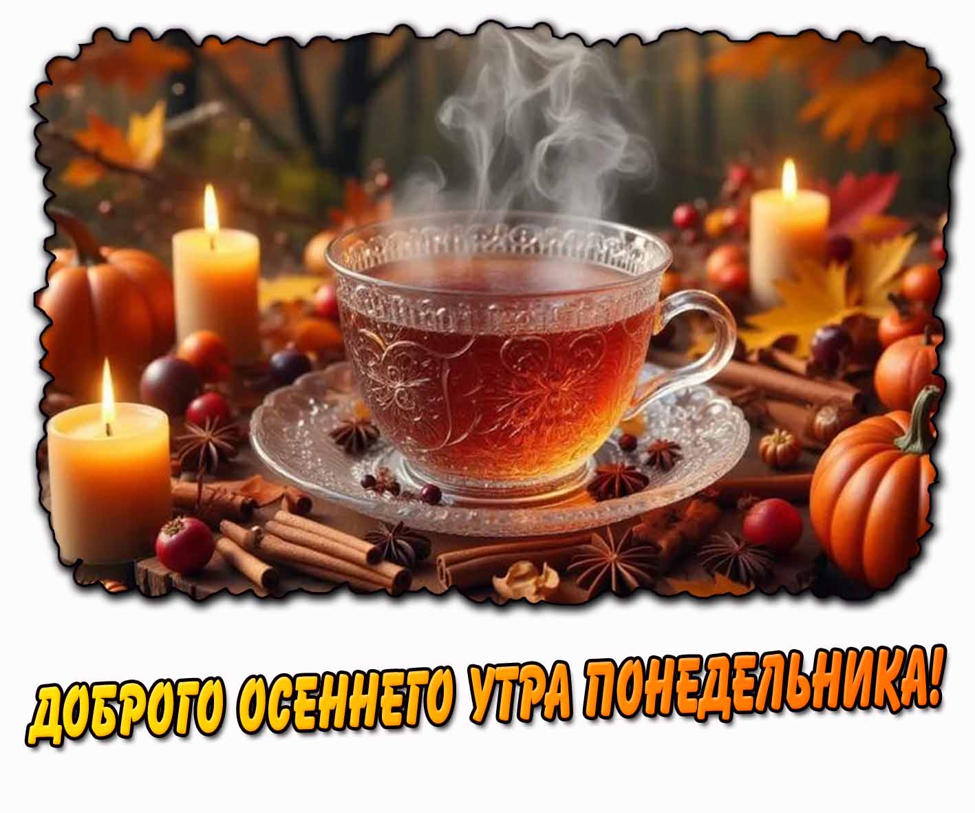 Доброго осеннего утра понедельника! - картинка с чаем и свечами