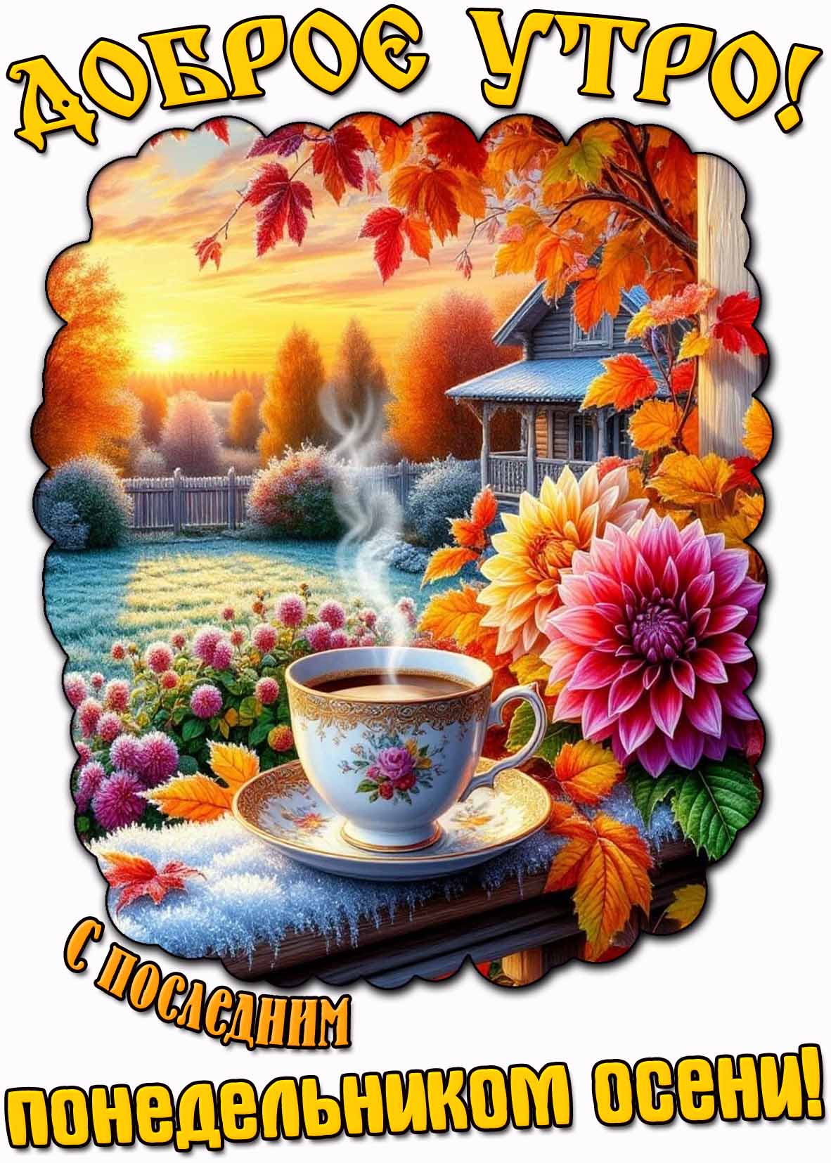 Красивая осенне-зимняя открытка с цветами, чашкой горячего чая и надписью : "Доброе утро! С последним понедельником осени!" Открытка "Доброе утро! С последним понедельником осени!"