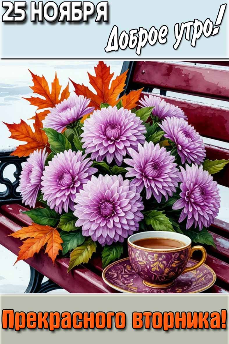 Красивая картинка с чашкой кофе, осенним букетом цветов на фоне белоснежного снега и с надписью : "25 ноября доброе утро! Прекрасного вторника!". Картинка "25 ноября доброе утро! Прекрасного вторника!"