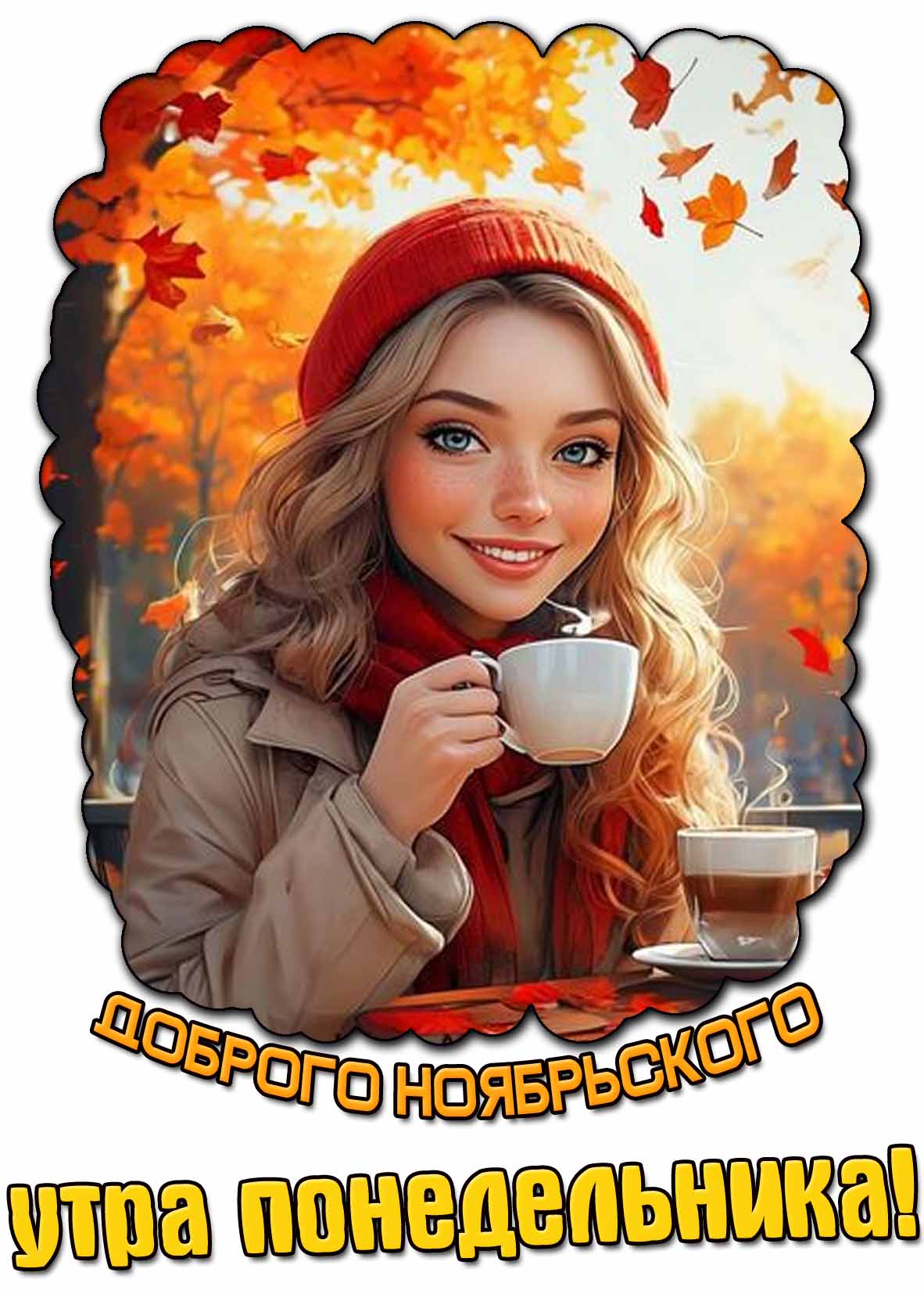 Открытка доброго ноябрьского утра понедельника с девушкой