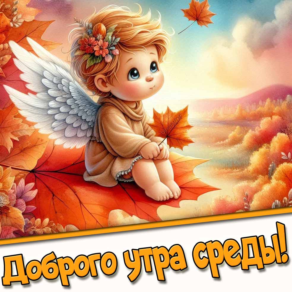 Доброго утра среды! - осенняя открытка с ангелочком