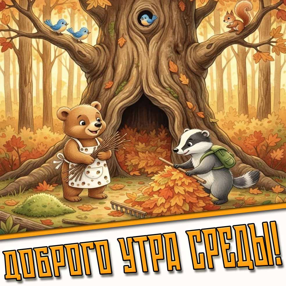 Доброго утра среды! - мультяшная осенняя картинка