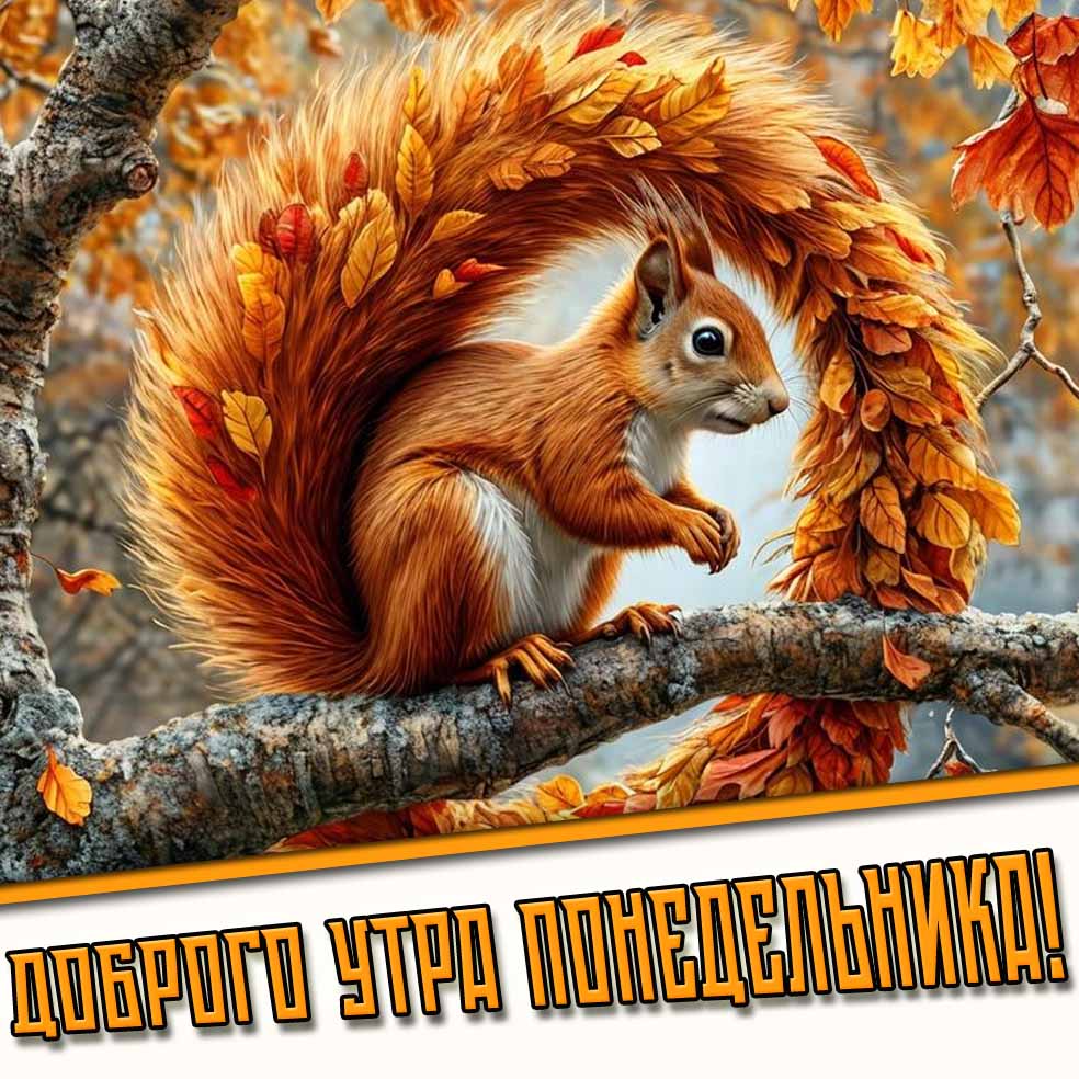 Доброго утра понедельника! - открытка с белкой