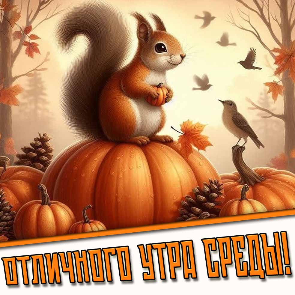 Отличного утра среды! - прикольная открытка с белкой