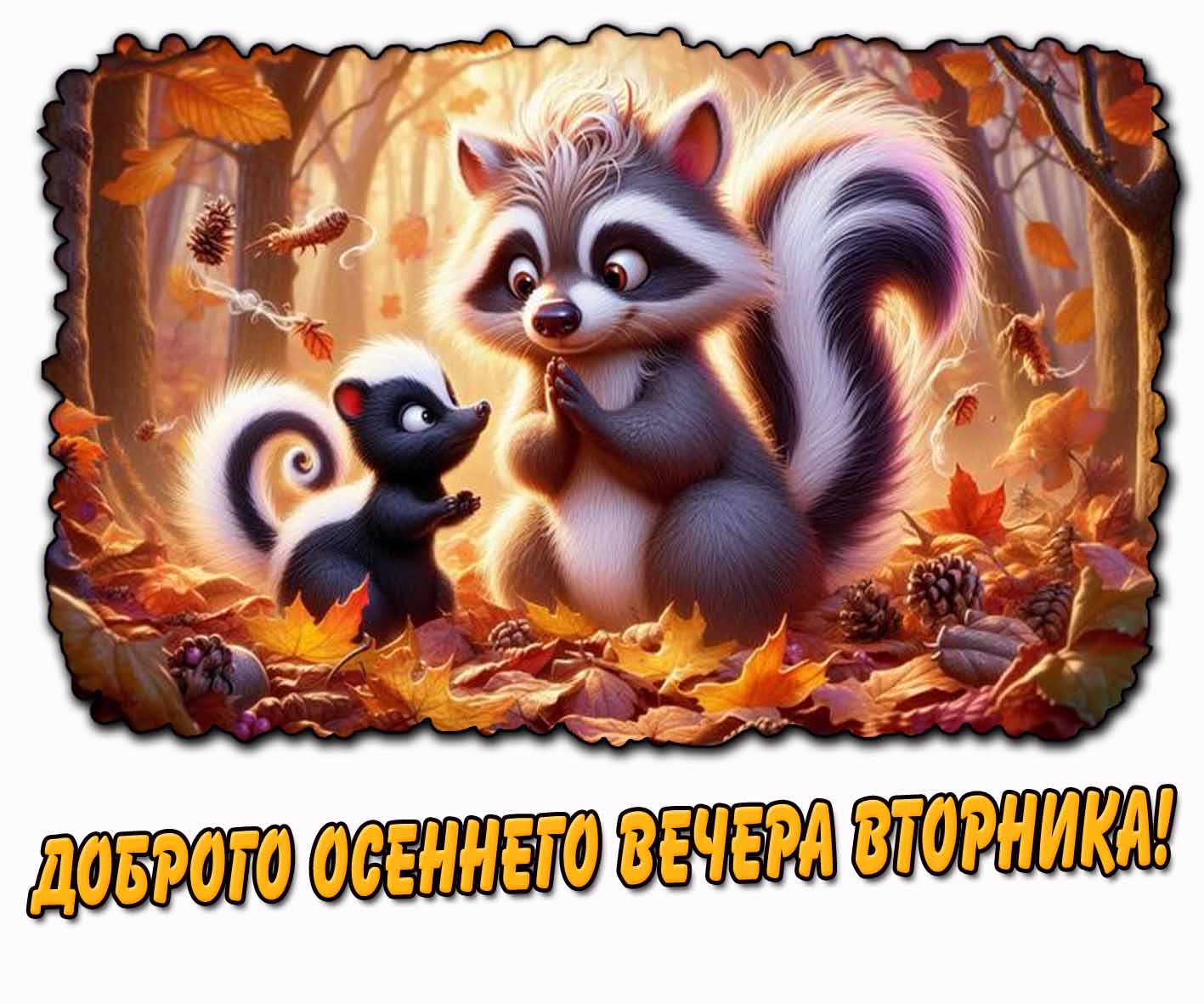 Мультяшная открытка доброго осеннего вечера вторника