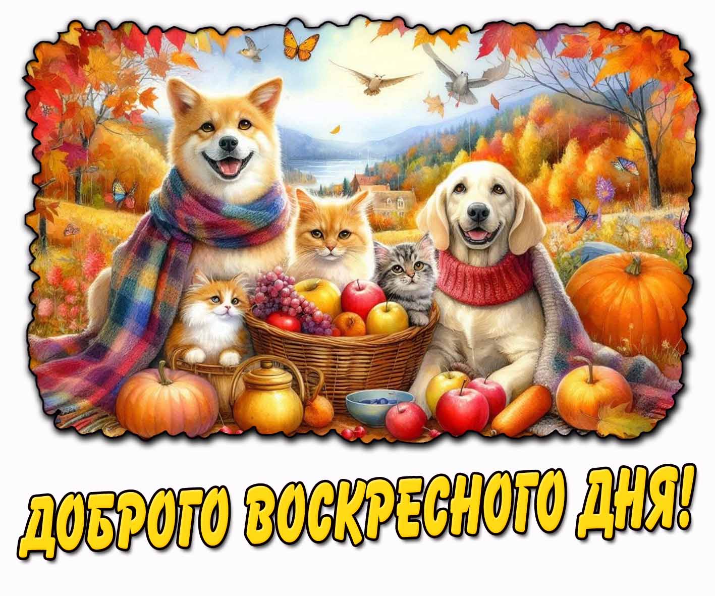 Доброго воскресного дня! - осенняя открытка с животными