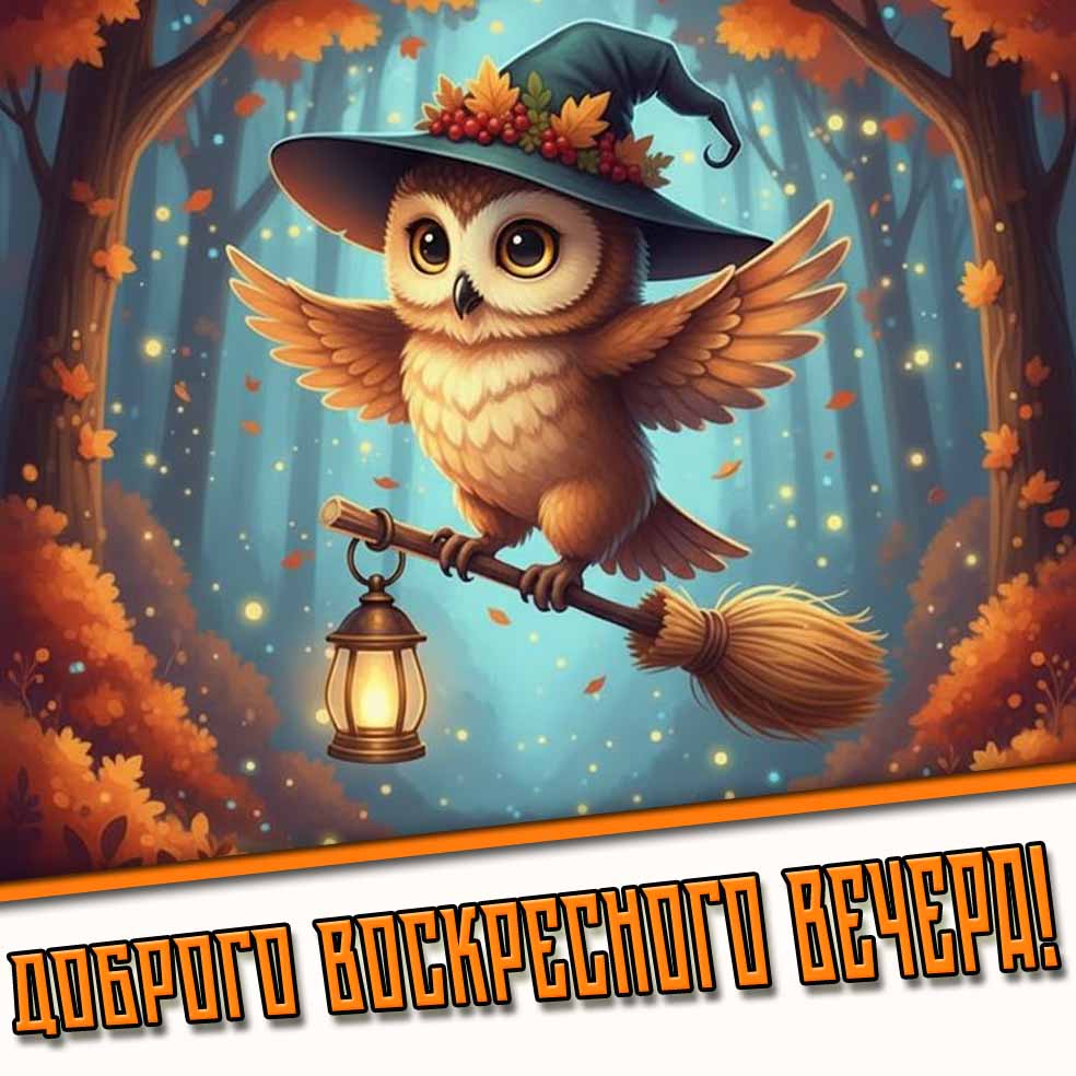 Доброго воскресного вечера! - осенняя открытка с совой