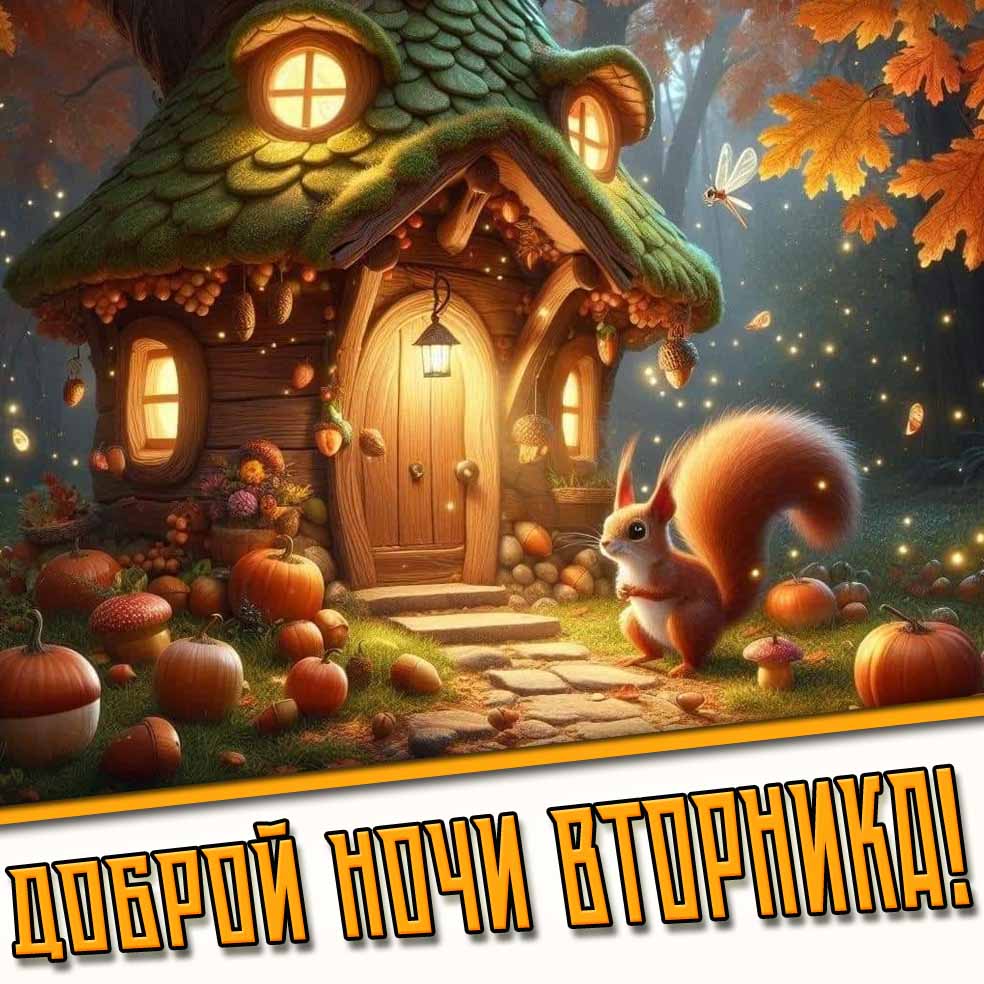 Доброй ночи вторника! - осенняя открытка с белкой