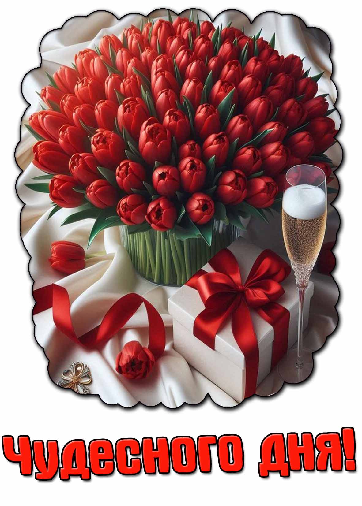 Чудесного дня! - открытка с шампанским и тюльпанами