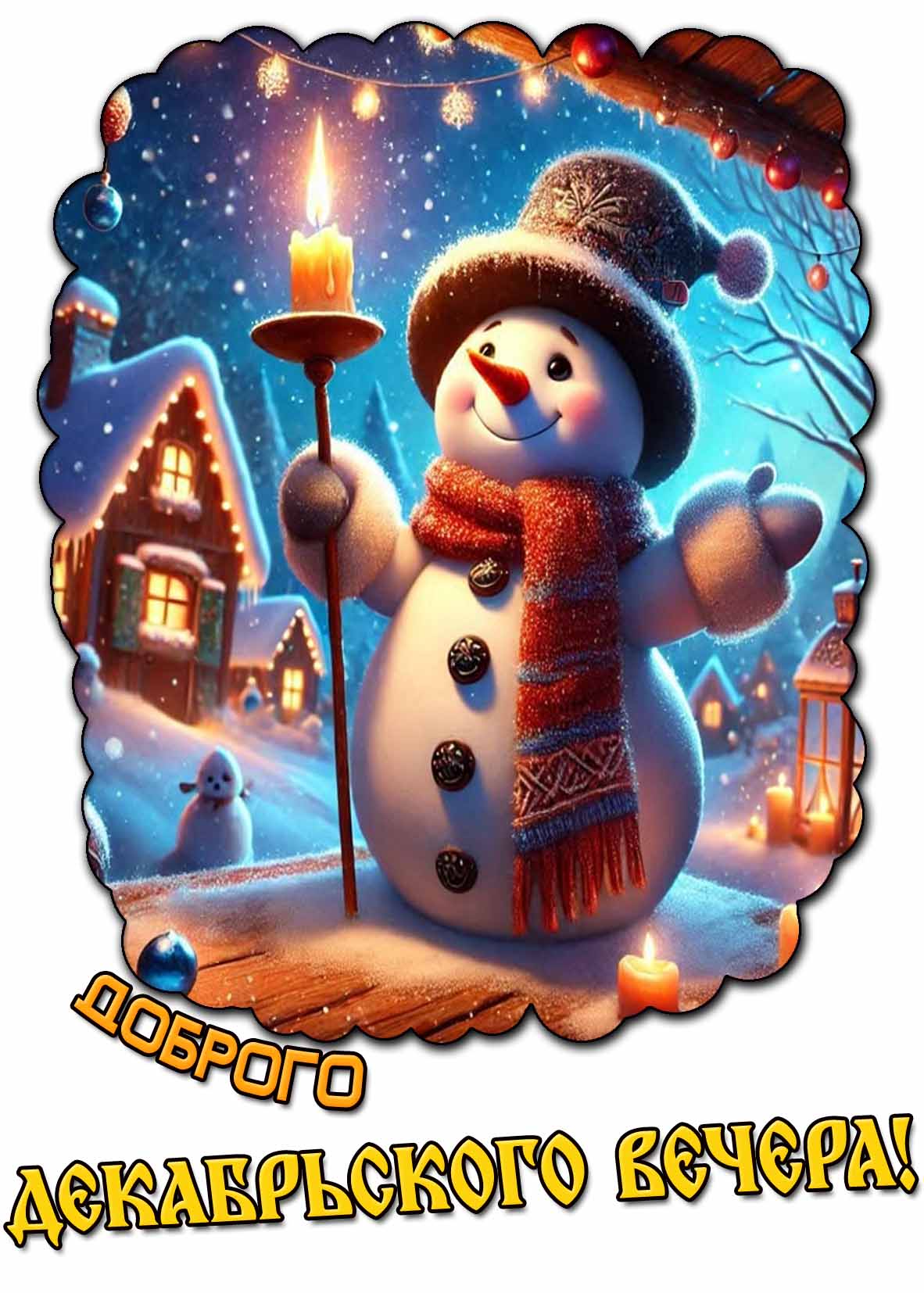 Доброго декабрьского вечера! - прикольная открытка со снеговиком