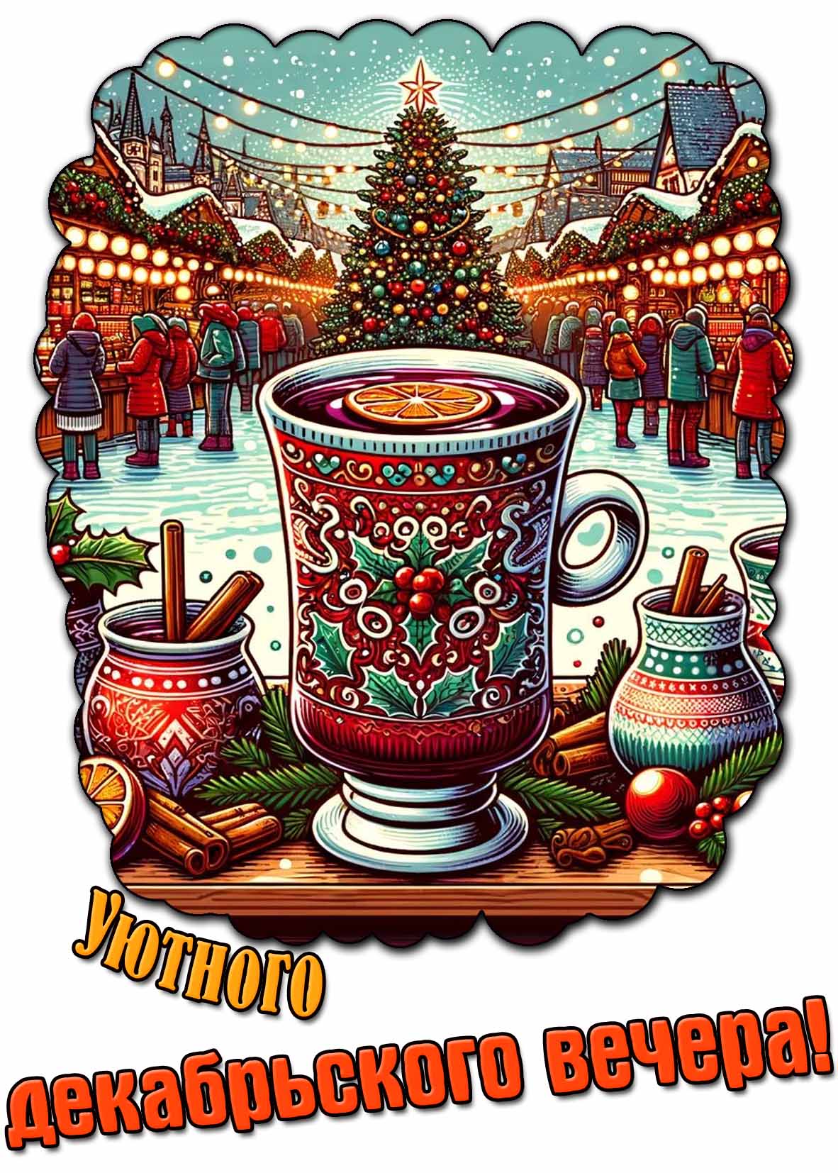 Красивая картинка с чашкой горячего глинтвейна на фоне праздничной рождественской ярмарки и с надписью : Уютного декабрьского вечера! Картинка уютного декабрьского вечера
