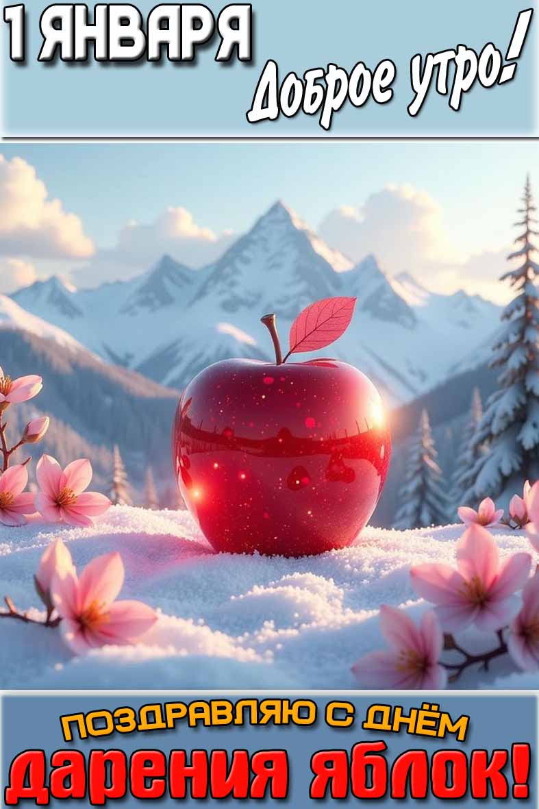 Открытка "1 января доброе утро! Поздравляю с днём дарения яблок!"