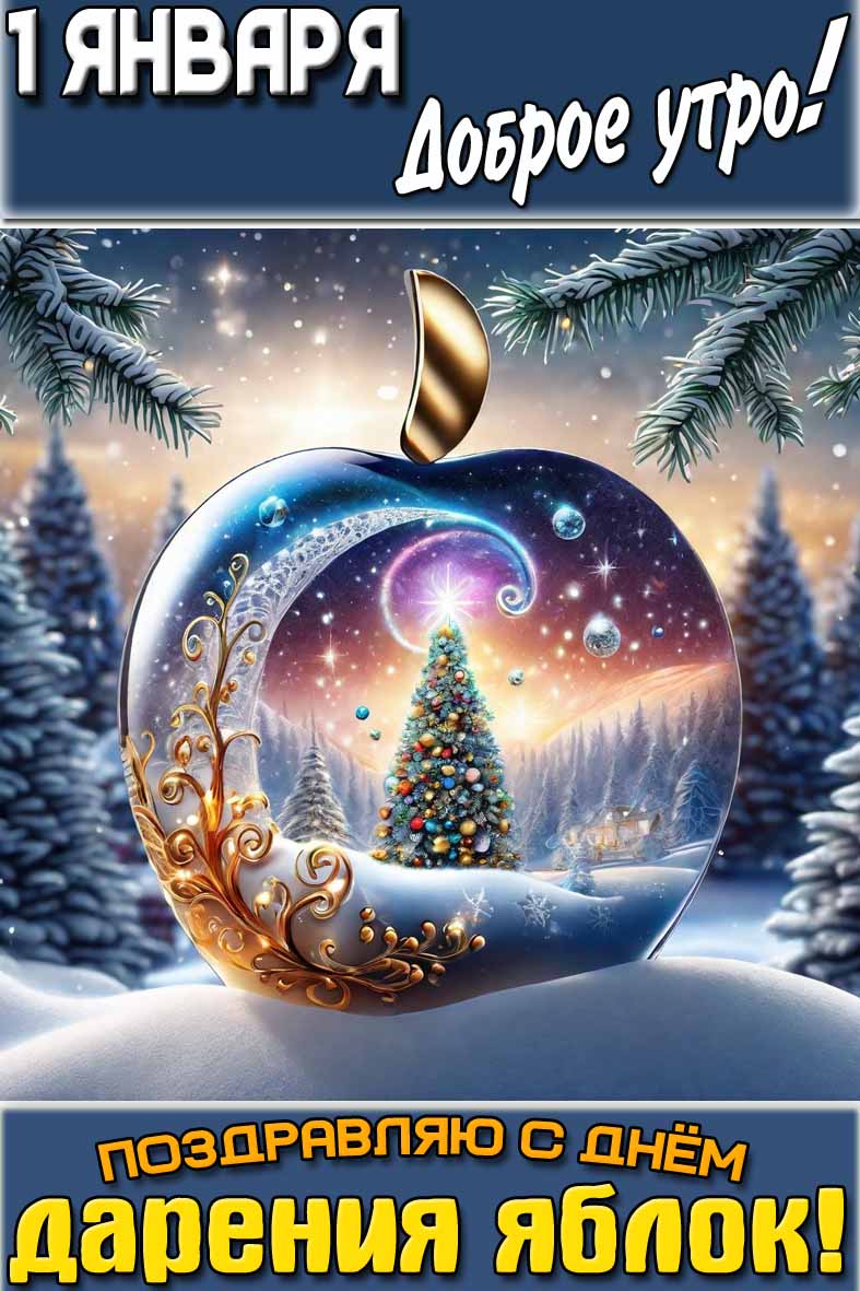 Картинка "1 января доброе утро! Поздравляю с днём дарения яблок!"