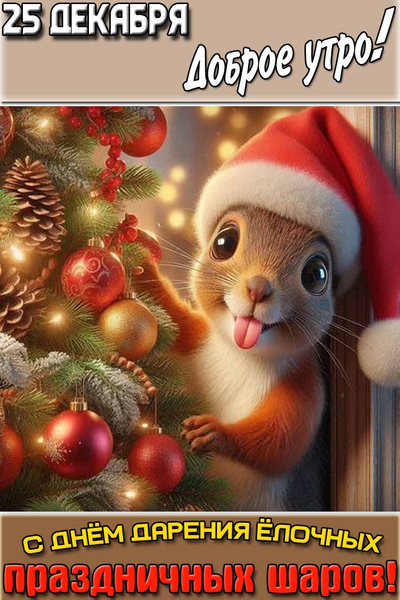 Прикольная открытка "25 декабря доброе утро! С днём дарения ёлочных праздничных шаров!"
