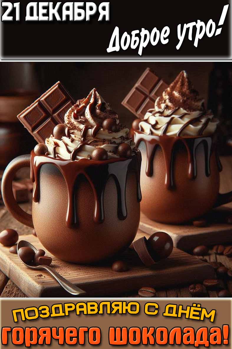 Открытка "21 декабря доброе утро! Поздравляю с днём горячего шоколада!"