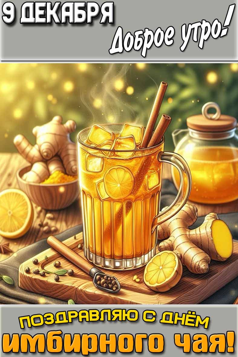 Открытка "9 декабря доброе утро! Поздравляю с днём имбирного чая!"