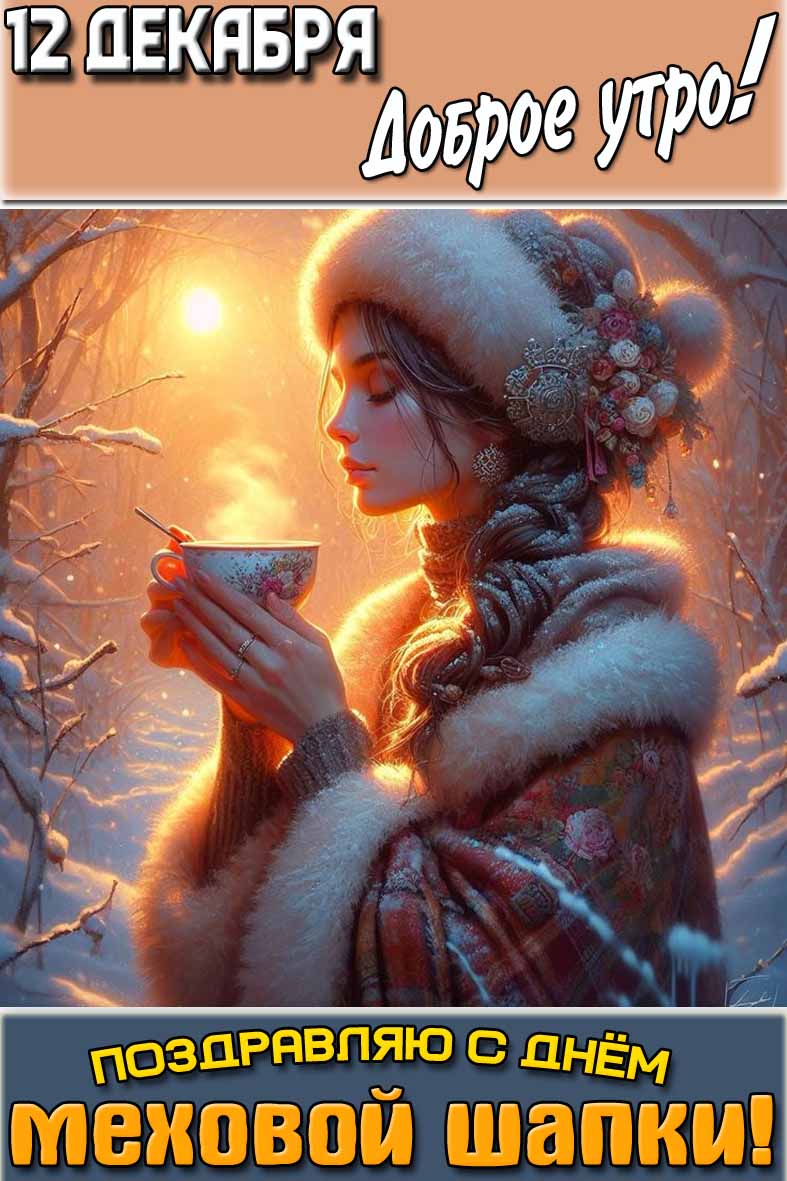 Открытка "12 декабря доброе утро! Поздравляю с днём меховой шапки!"