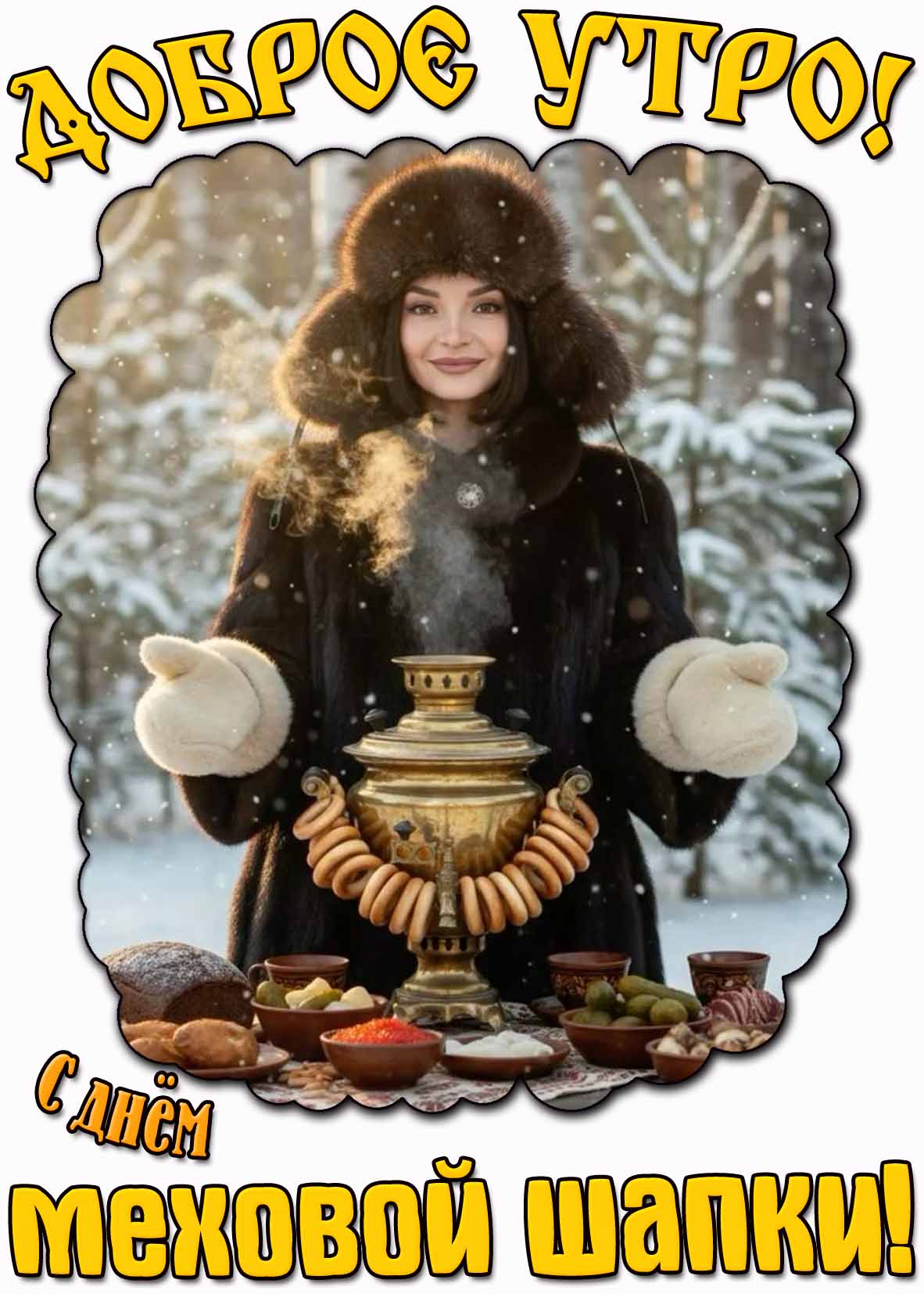 Зимняя открытка "Доброе утро! С днём меховой шапки!"
