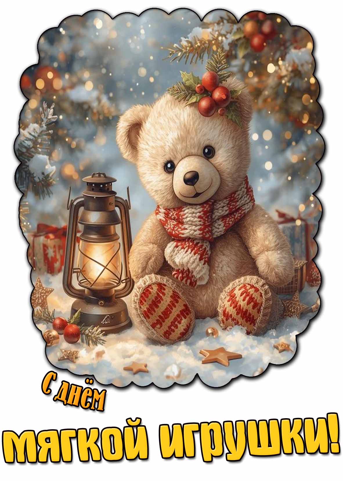 Зимняя открытка с днём мягкой игрушки