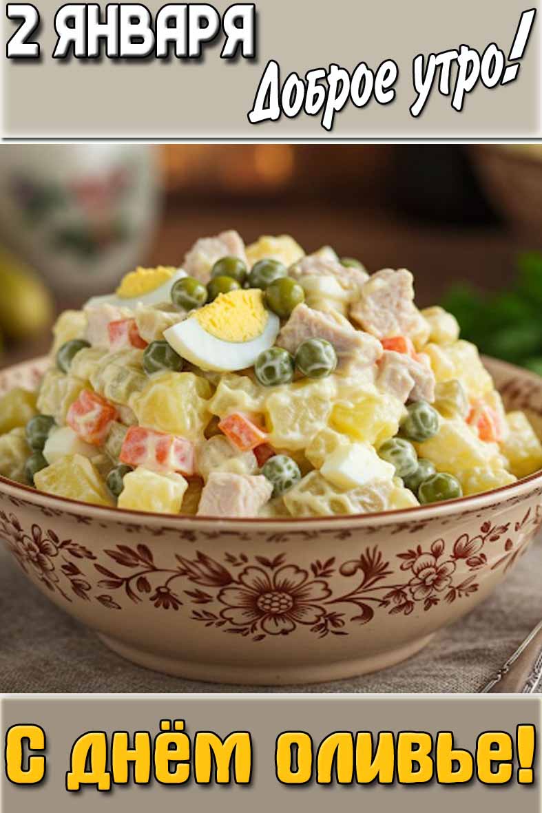 Открытка "2 января доброе утро! С днём оливье!"