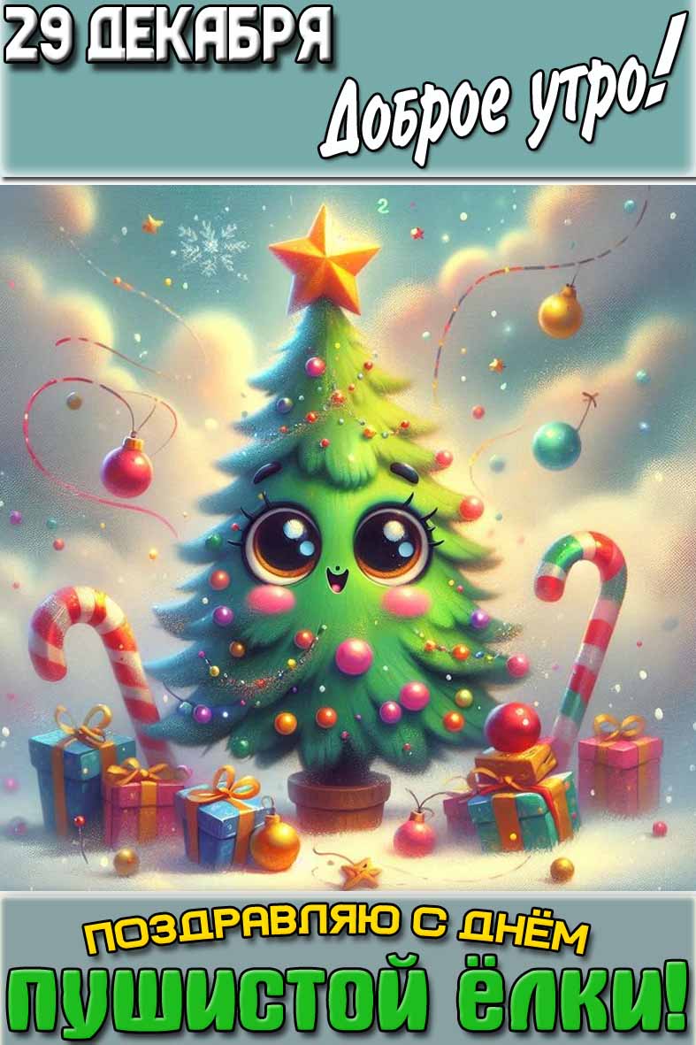 Открытка "29 декабря доброе утро! Поздравляю с днём пушистой ёлки!"