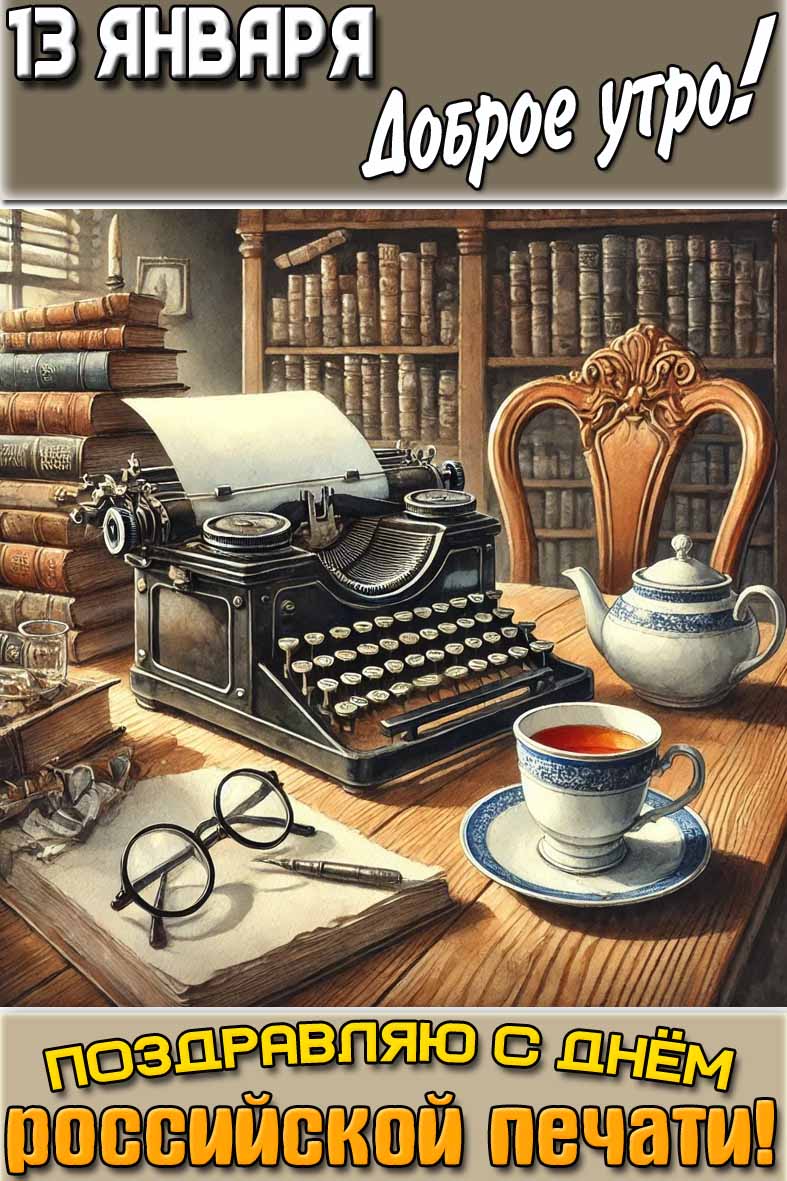 Открытка "13 января доброе утро! Поздравляю с днём российской печати!"