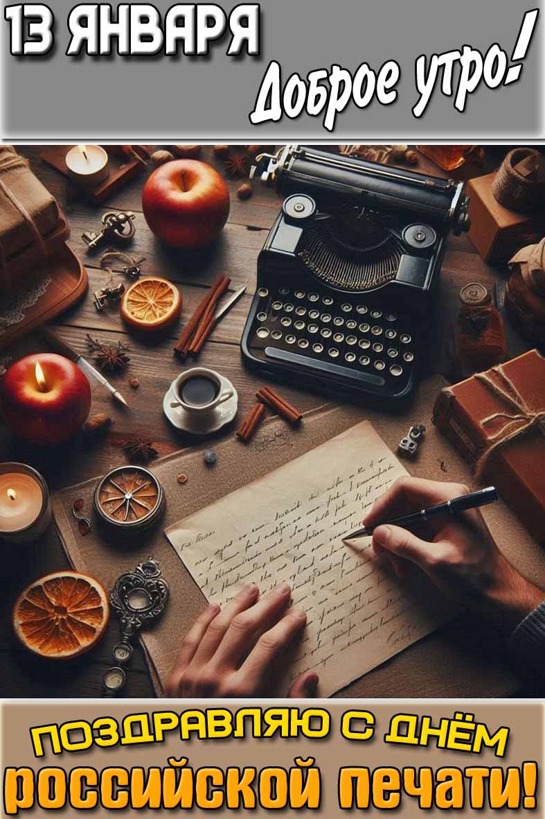 Красивая вертикальная картинка на телефон с рукописным письмом и надписью : "13 января доброе утро! Поздравляю с днём российской печати!". Картинка "13 января доброе утро! Поздравляю с днём российской печати!"